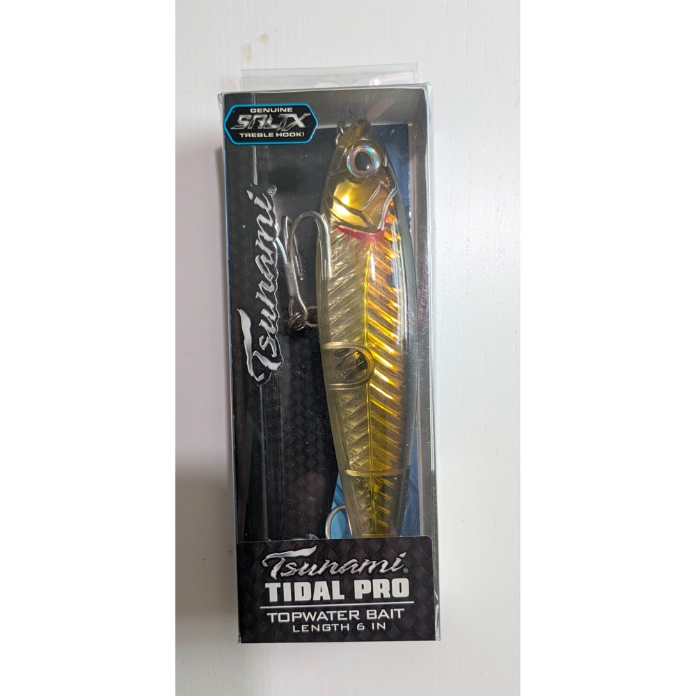 Tsunami Tidal Pro Topwater Bait 6in Gold Black SaltX Treble Hook TS-6PTD-BUNKER